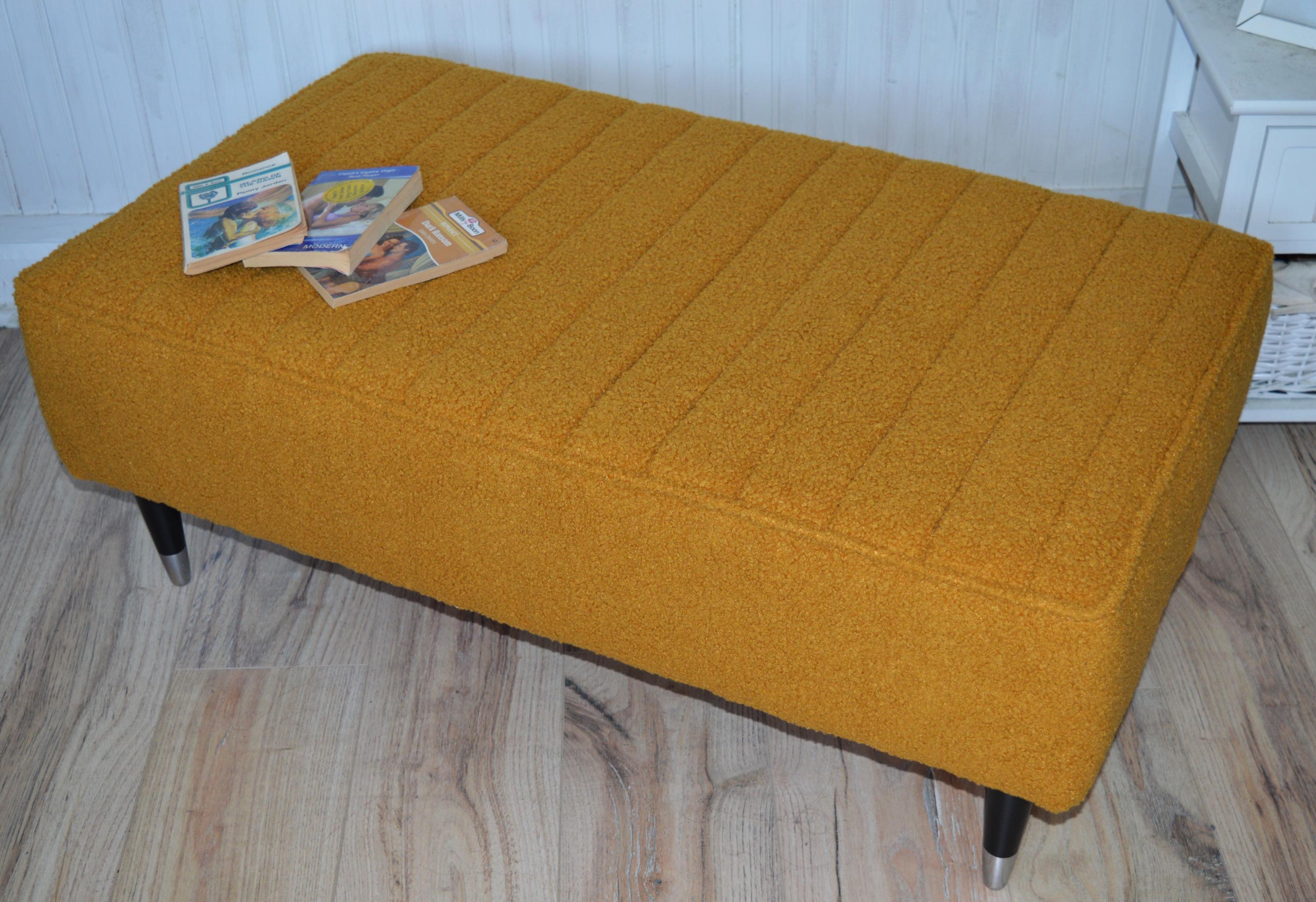 Fullted Top Footstool With Piping Trim in Turmeric Boucle Fabric With Black And Chrome HardWood Legs