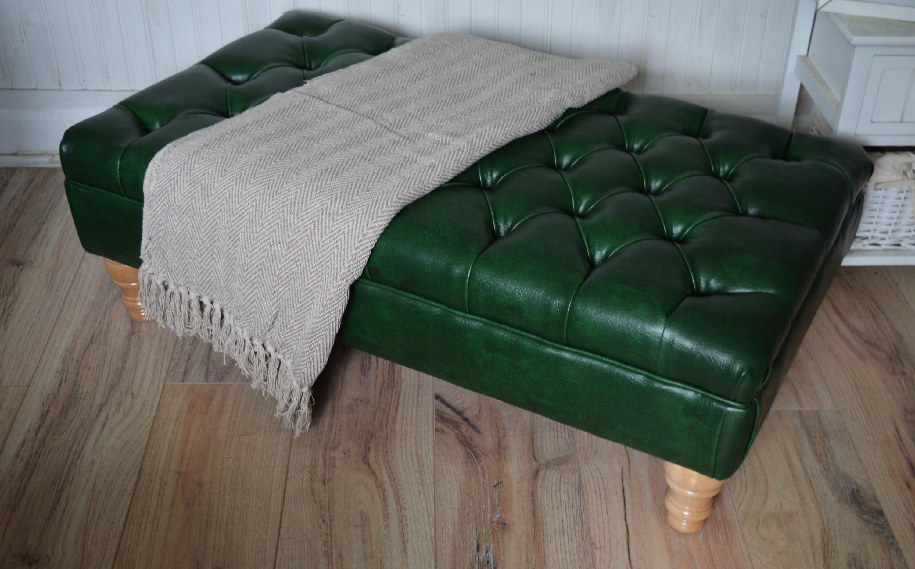 Chesterfield Style Deep Buttoned Footstool in Premium Green Faux Leather With Turned Oak Hardwood Legs