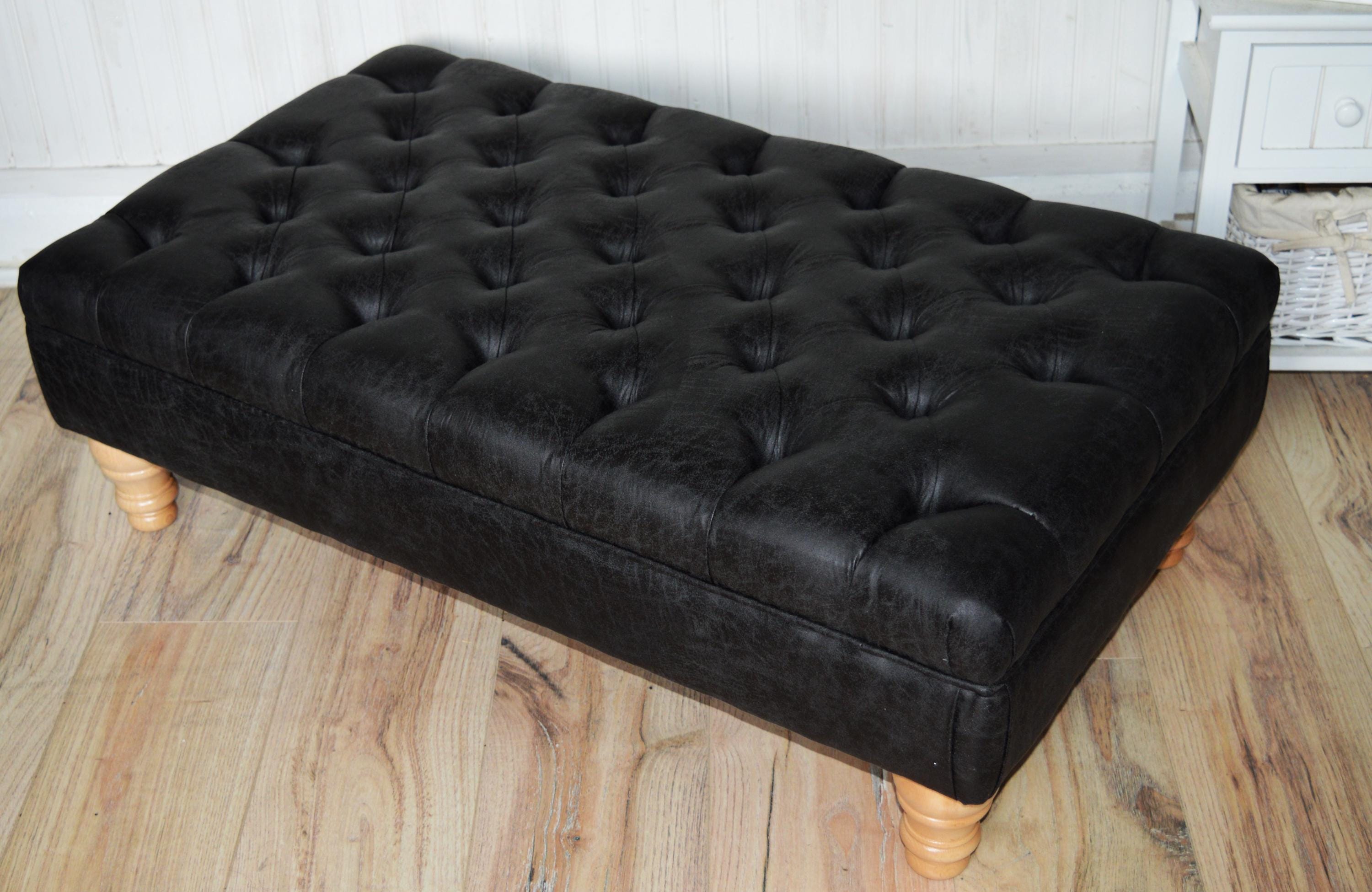 Handmade Antique Black Faux Suede Chesterfield Footstool Coffee Table – Footrest – Oak Turned Hardwood Legs