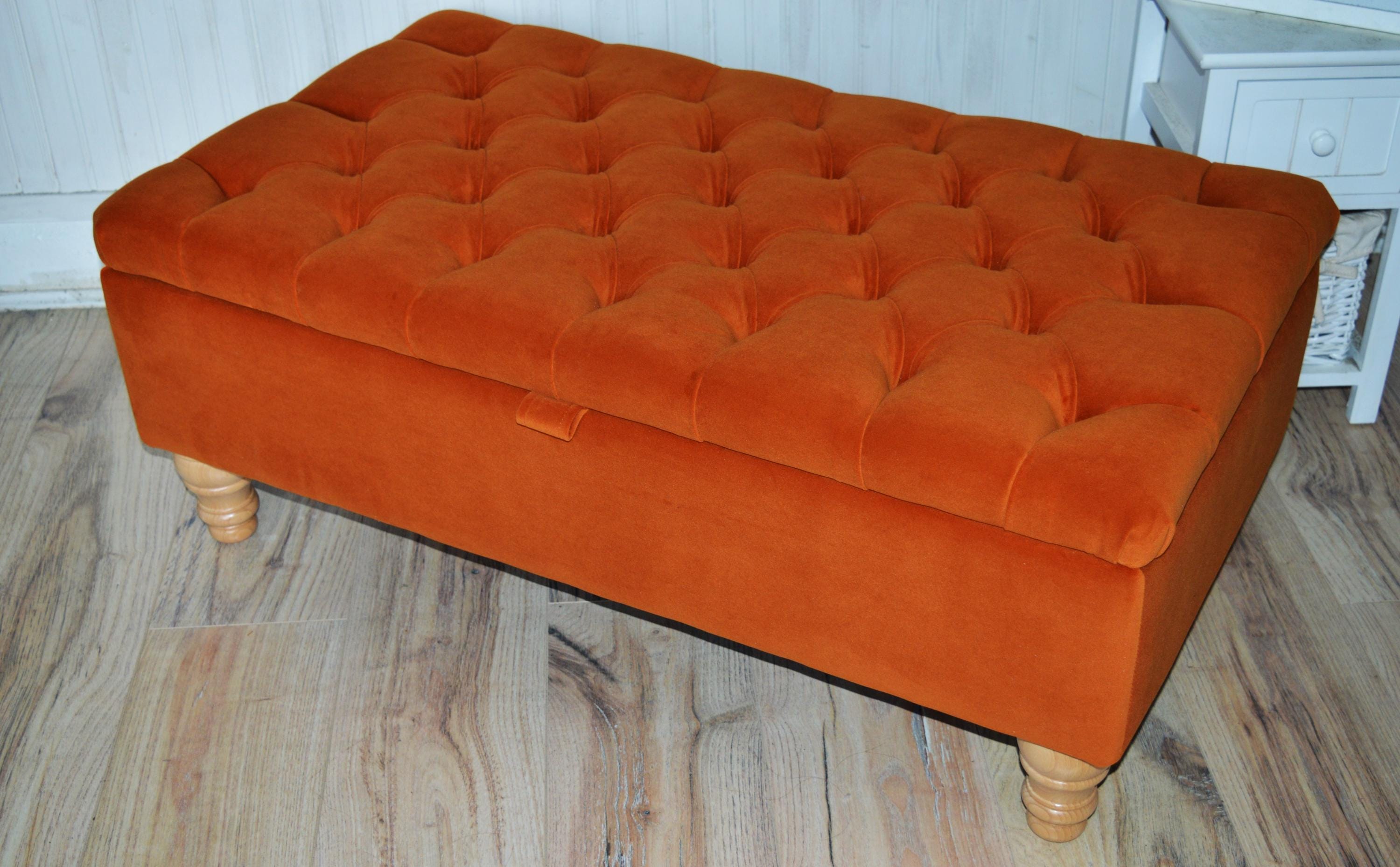 Chesterfield Deep Buttoned Footstool With Storage in Premium Eco Burnt Velvet Fabric With Oak Legs.