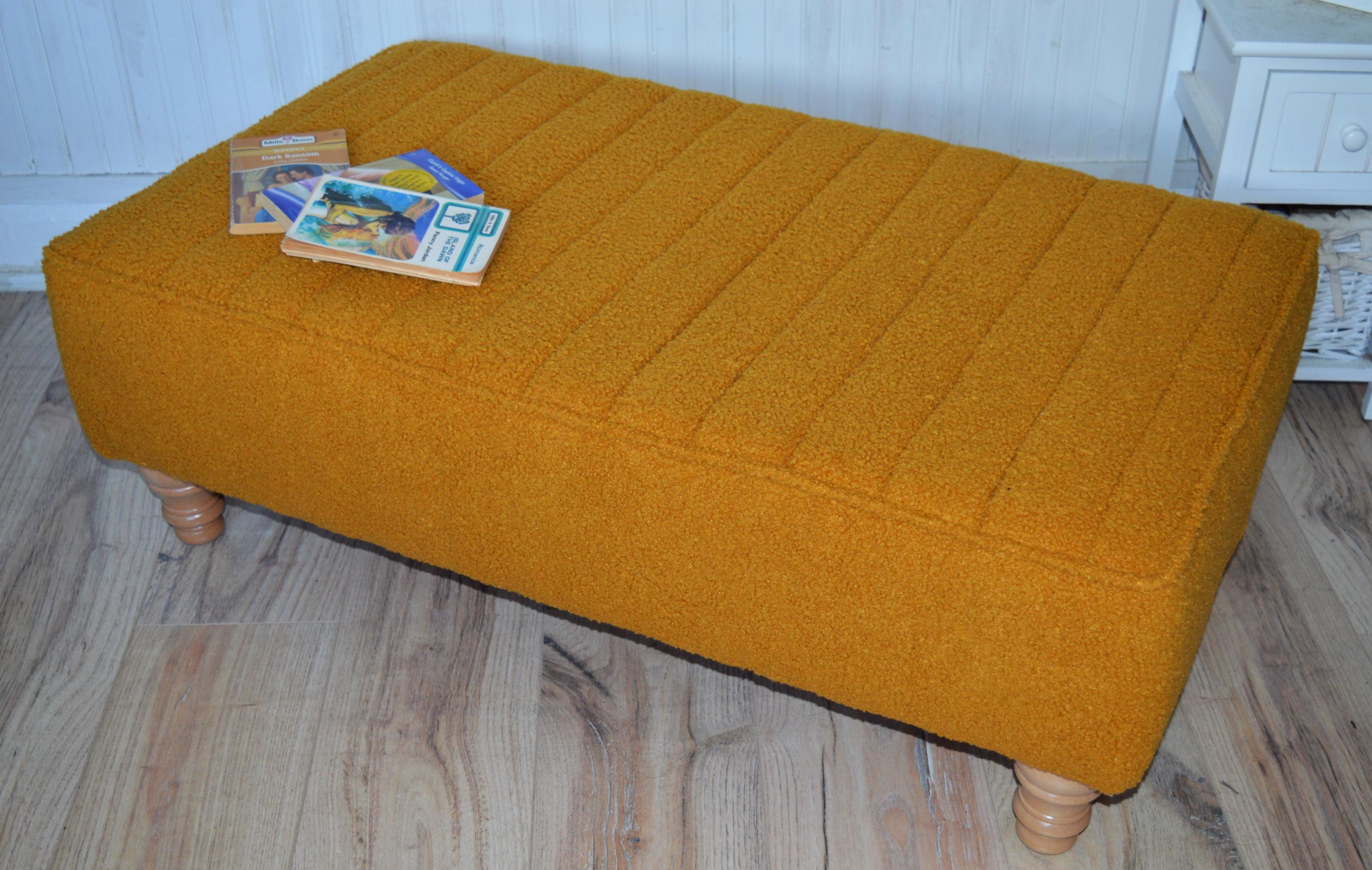 Fullted Top Footstool With Piping Trim in Turmeric Boucle Fabric With Oak HardWood Legs