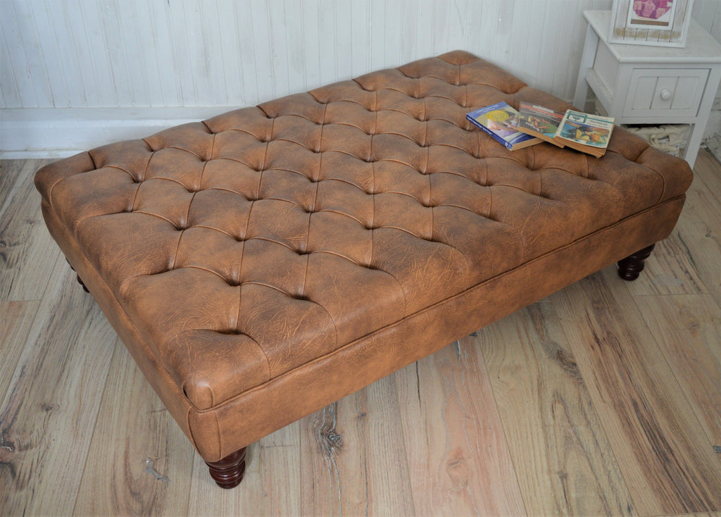 Chesterfield Extra Large Deep Buttoned Footstool in Premium Tan Faux Leather With Mahogany Turned Hardwood Legs