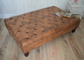 Chesterfield Extra Large Deep Buttoned Footstool in Premium Tan Faux Leather With Mahogany Turned Hardwood Legs