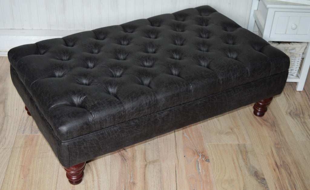 Handmade Antique Black Faux Suede  Chesterfield Footstool  Coffee Table – Footrest – Mahogany Turned Hardwood Legs