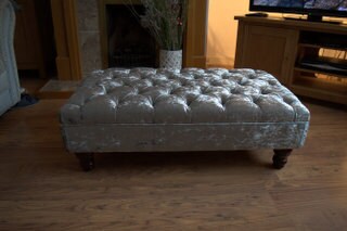 Chesterfield Style Deep Buttoned Footstool in Silver Crushed Velvet With Mahogany Legs