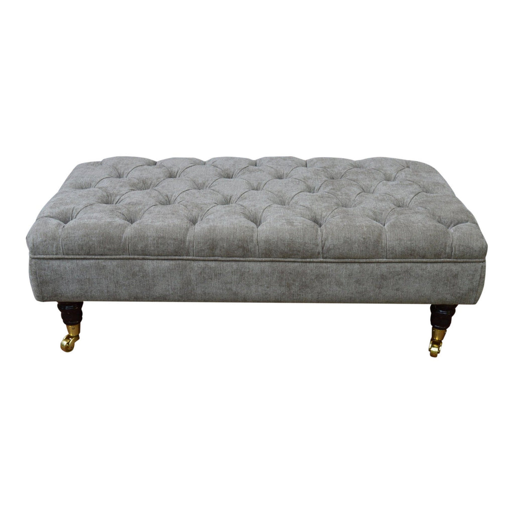 Chesterfield Style Deep Buttoned Footstool in Casino Crush Grey With Brass Castor Legs