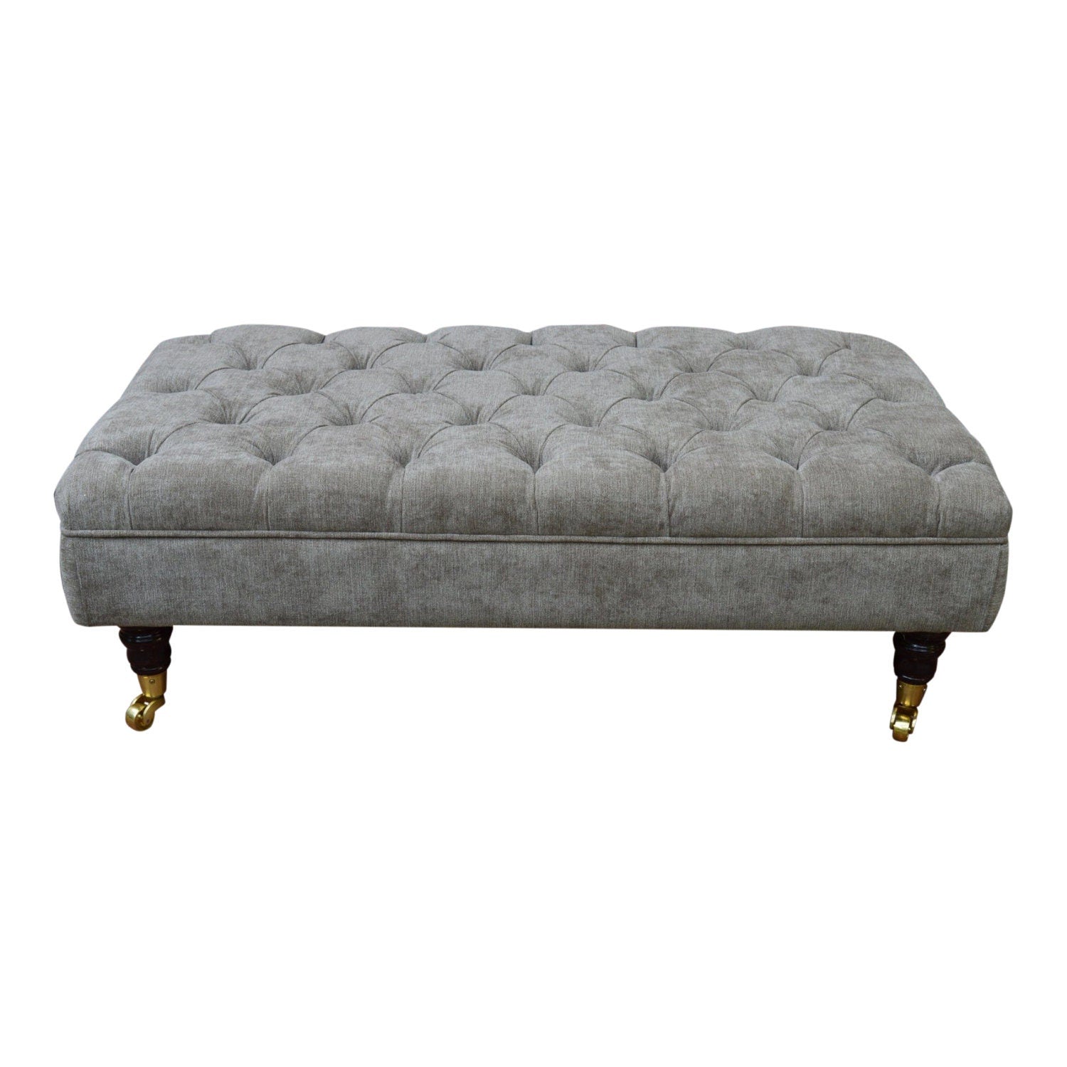 Chesterfield Style Deep Buttoned Footstool in Casino Crush Grey With Brass Castor Legs