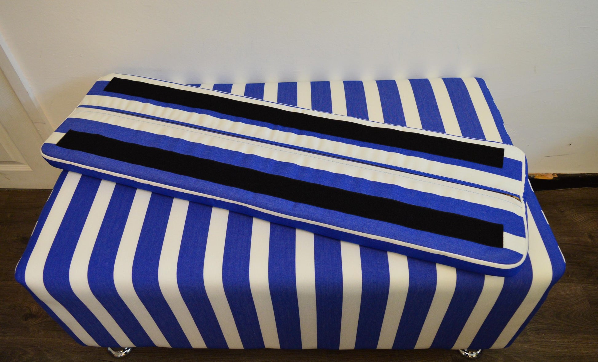 2 Str Size High Seating Bench Footstool With Fix To Wall Back Cushion in Water Resistent Coastal Blue Stripe Fabric