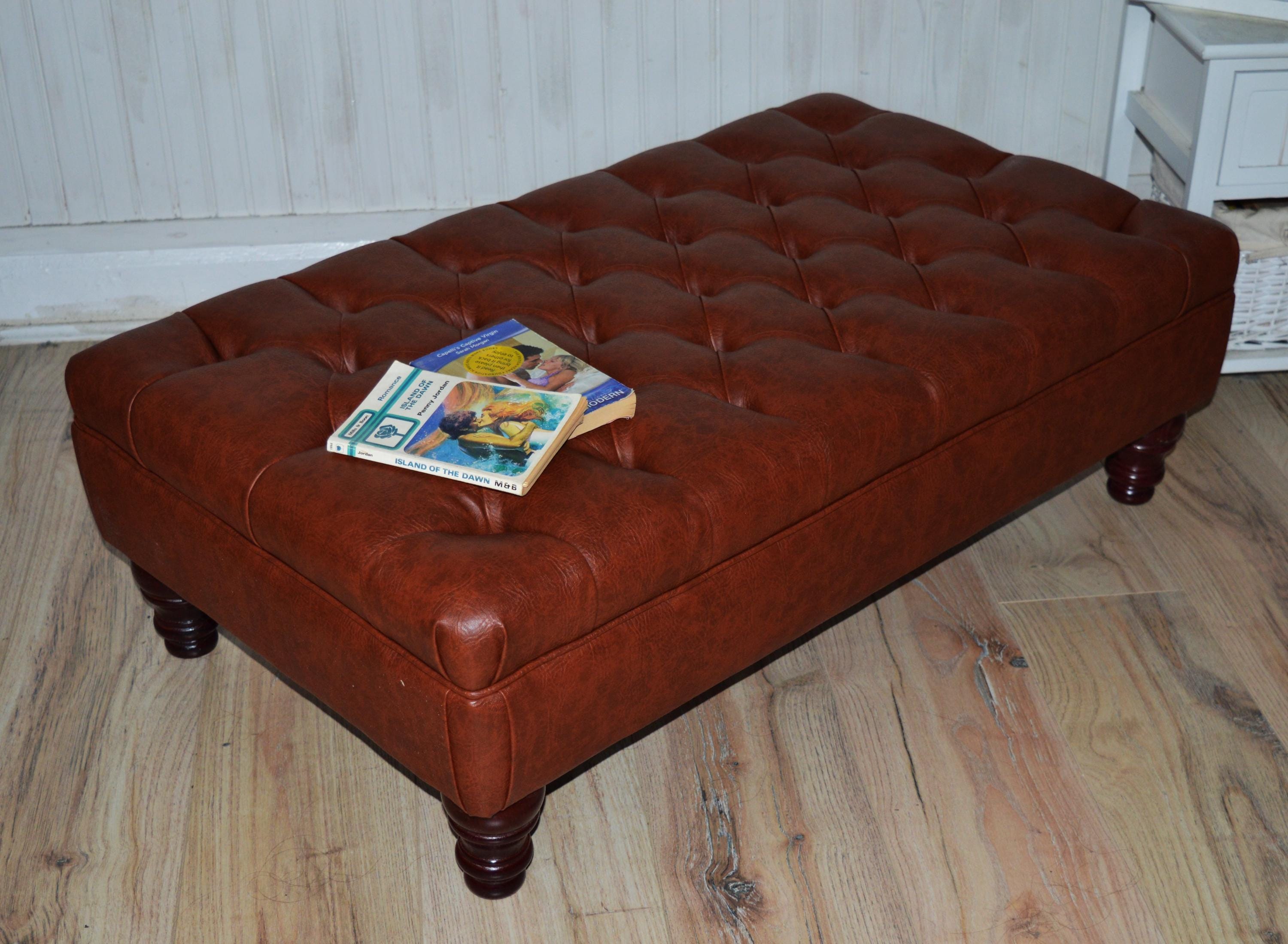 Chesterfield Design Footstool in Chestnut Brown Faux Leather With Mahogany Turned Hardwood Legs