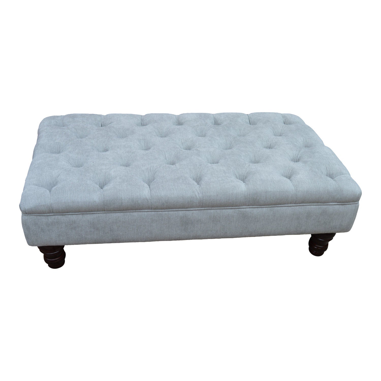 Chesterfield Deep Buttoned Footstool in Casino Crush Silver With Turned Wood Legs