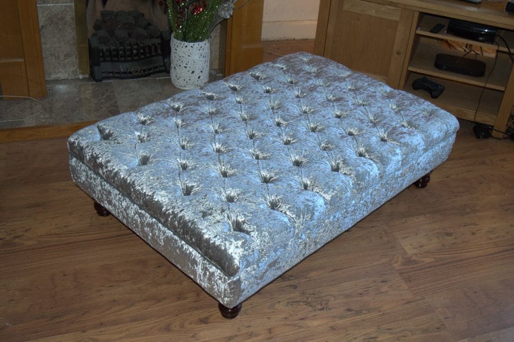 Chesterfield Extra Large Deep Buttoned Footstool in a Premium Crushed Silver Velvet With Turned Mahogany Hardwood Legs