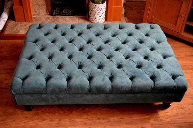 Chesterfield Extra Large Deep Buttoned Footstool in Premium Casino Teal Fabric With Turned Hardwood Legs