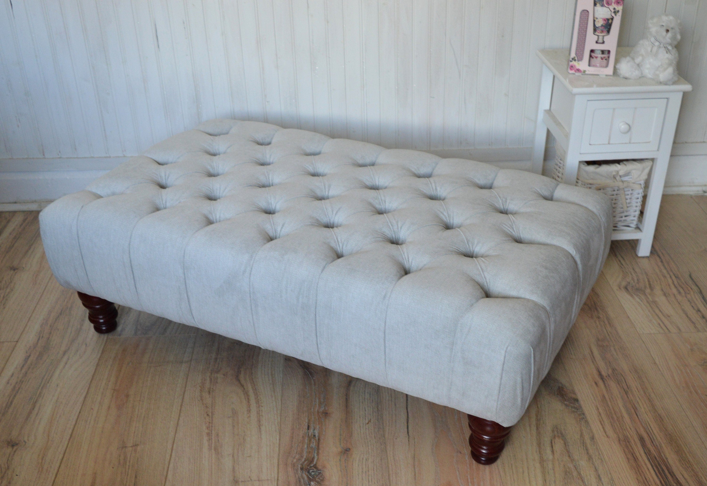 Chesterfield Style Deep Buttoned Footstool in Casino Silver Fabric  With Mahogany Hardwood Legs