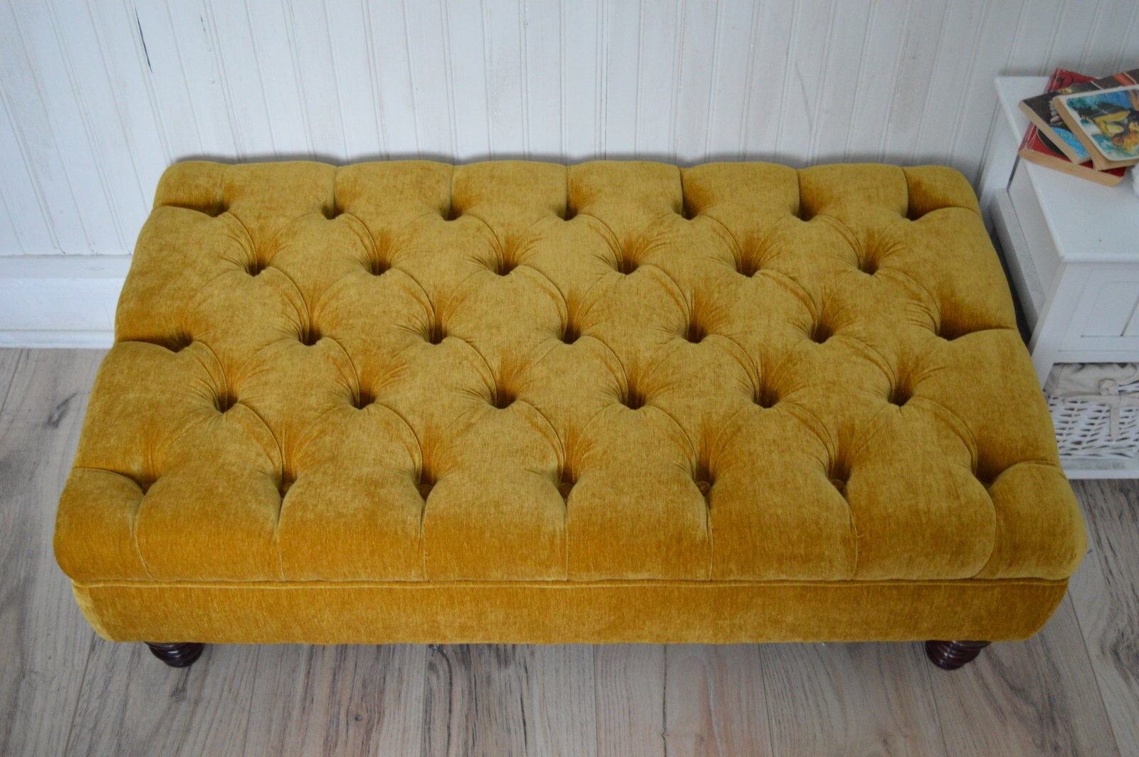Chesterfield Deep Buttoned Footstool in a Plush Turmeric Velvet With Mahogany Turned Hard Wood Legs