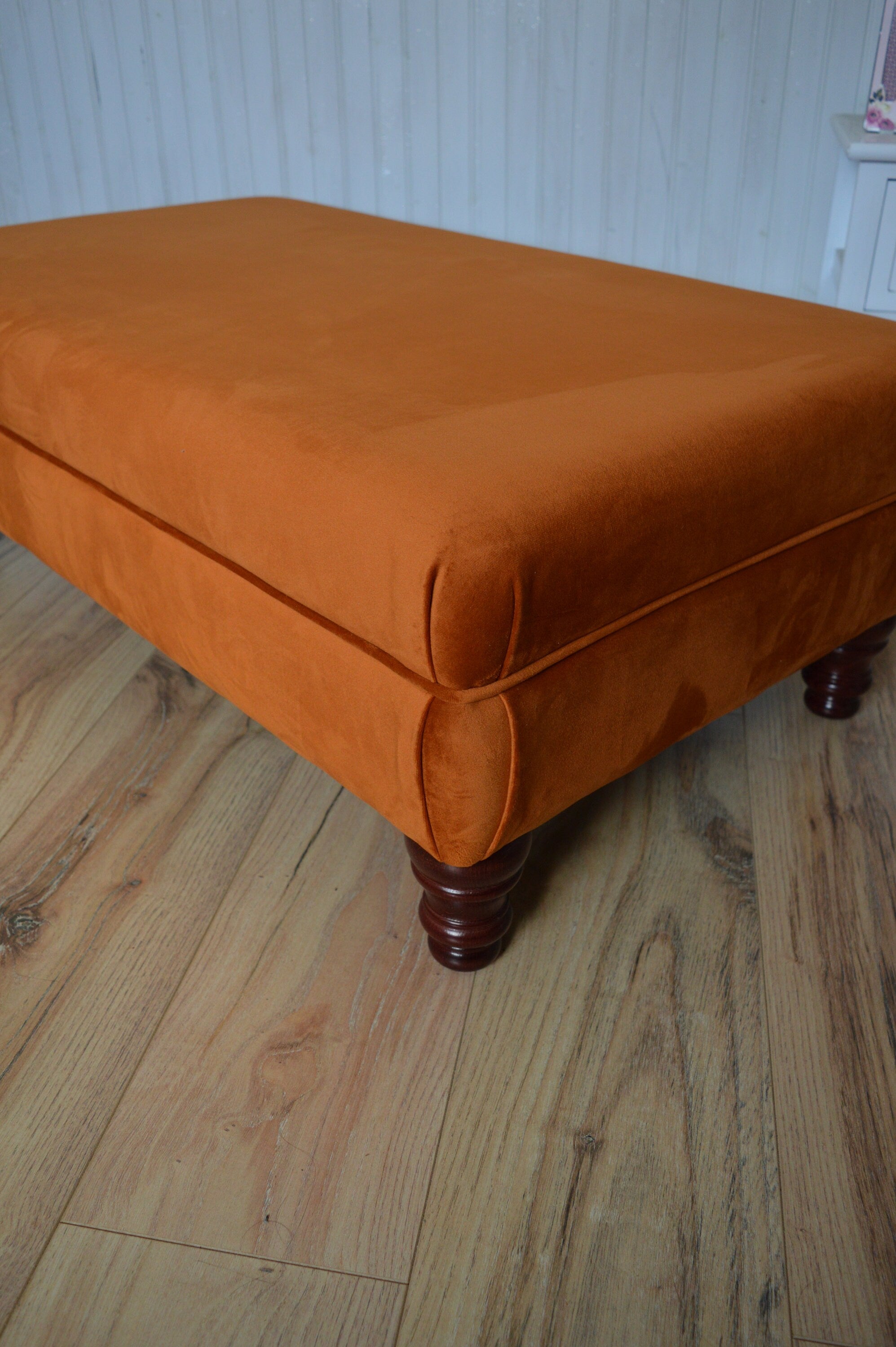 Flat Top Footstool With Piping Trim in Burnt Orange Velvet With Mahogany Turned Hard Wood Legs