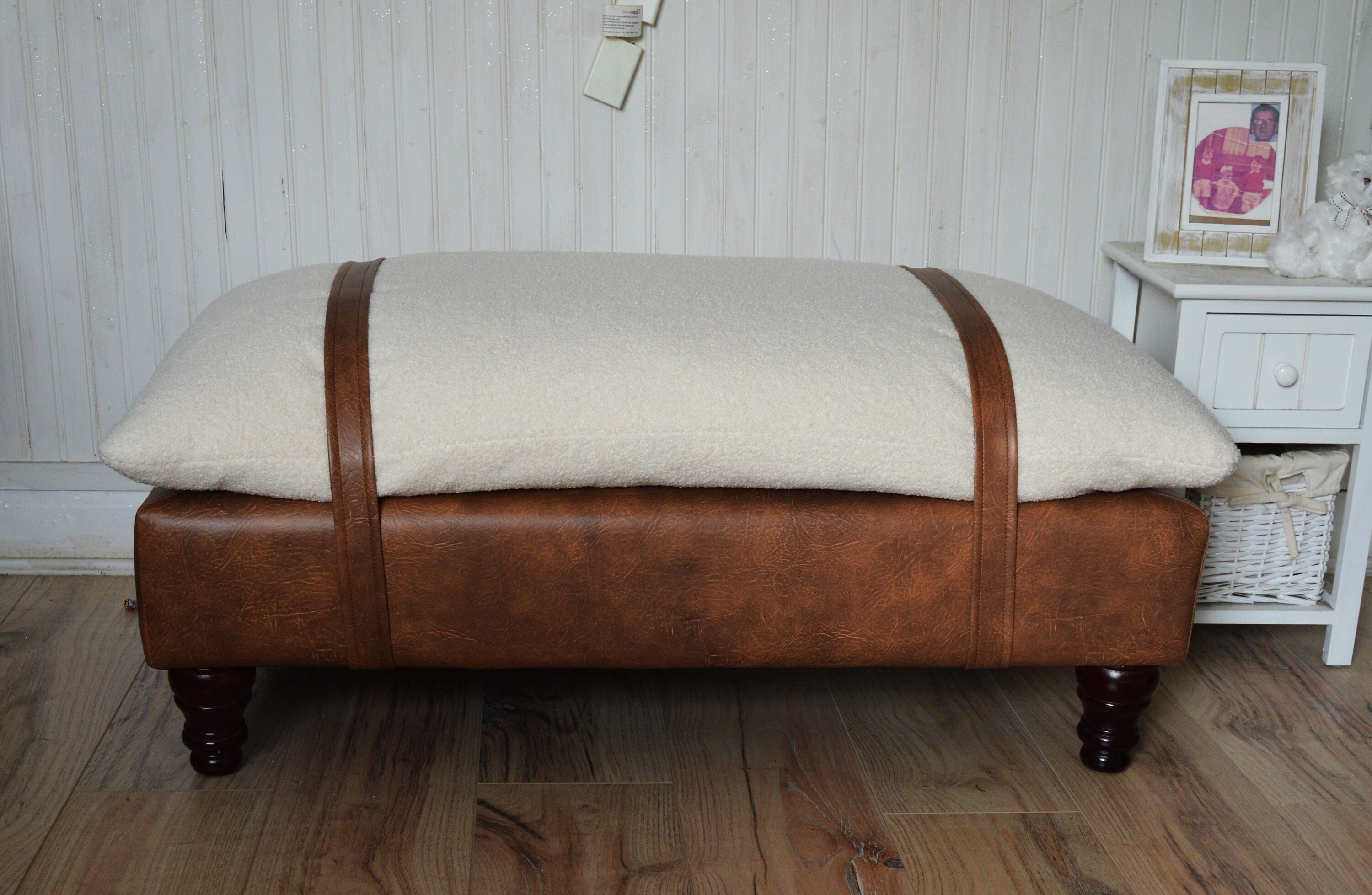 Mayfair Footstool  Seating Bench in Ivory Boucle Fabric And Premium Tan Faux Leather With Turned Mahogany Hardwood Legs.