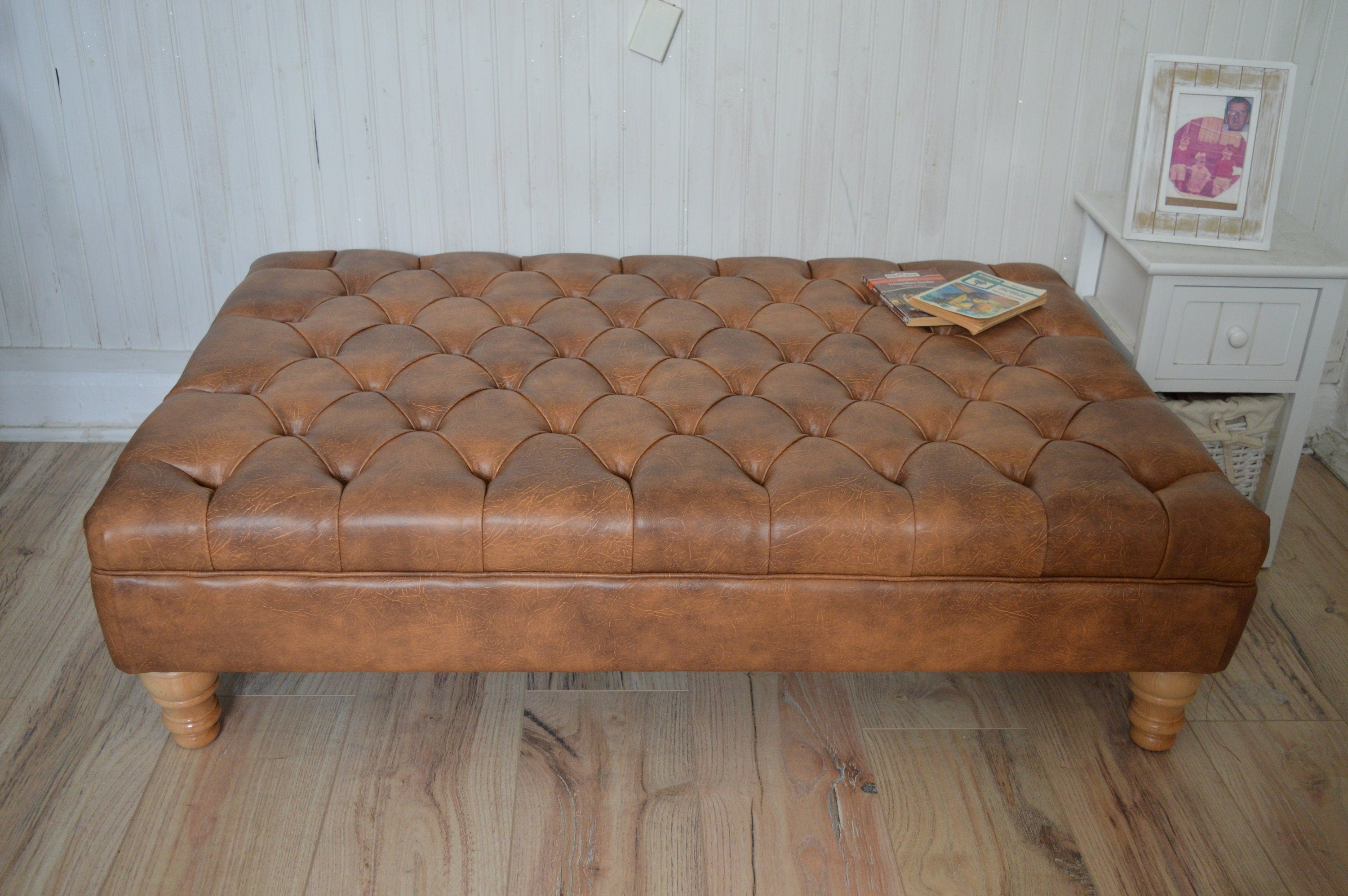 Chesterfield Extra Large Deep Buttoned Footstool in Premium Tan Faux Leather With Oak Turned Hardwood Legs