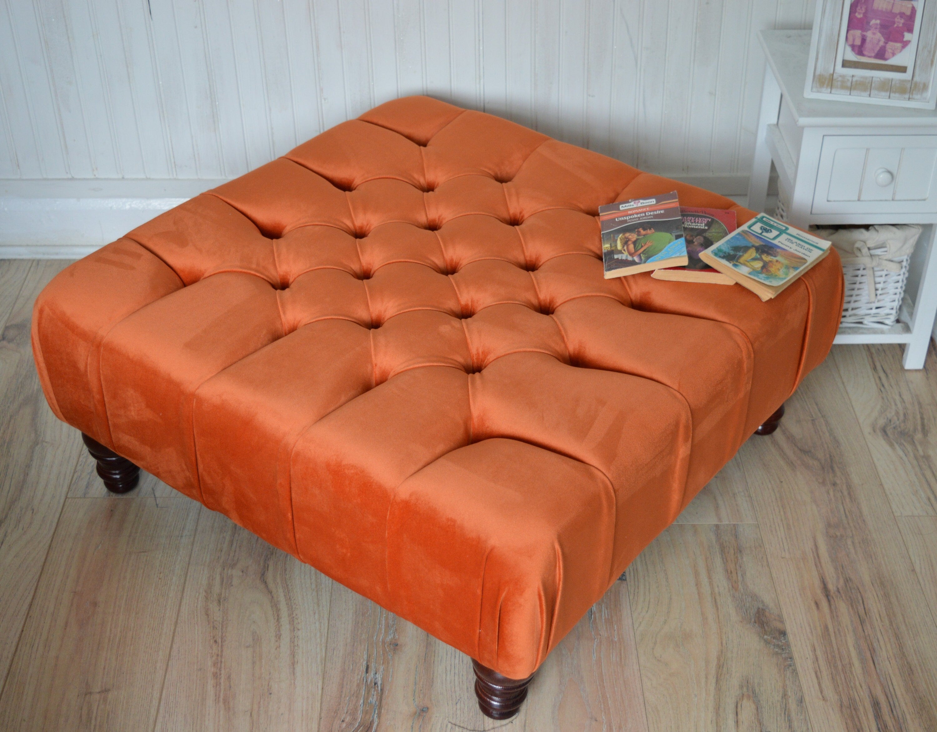 Square Chesterfield Deep Buttoned Footstool in Plush Orange Velvet With Mahogany Turned Hard Wood Legs