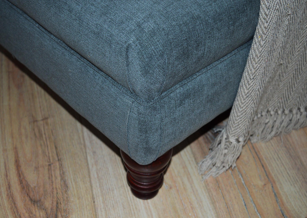 Extra Large Size Flat Top Footstool With Piping Detail  in Grey Velvet With Mahogany Turned Hard Wood Legs