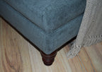 Extra Large Size Flat Top Footstool With Piping Detail  in Grey Velvet With Mahogany Turned Hard Wood Legs