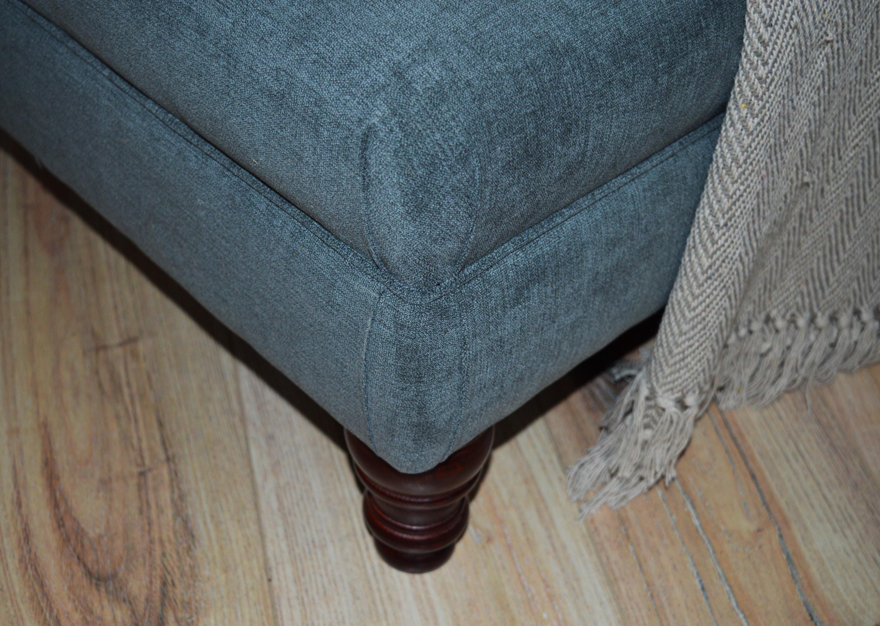 Extra Large Size Flat Top Footstool With Piping Detail  in Grey Velvet With Mahogany Turned Hard Wood Legs