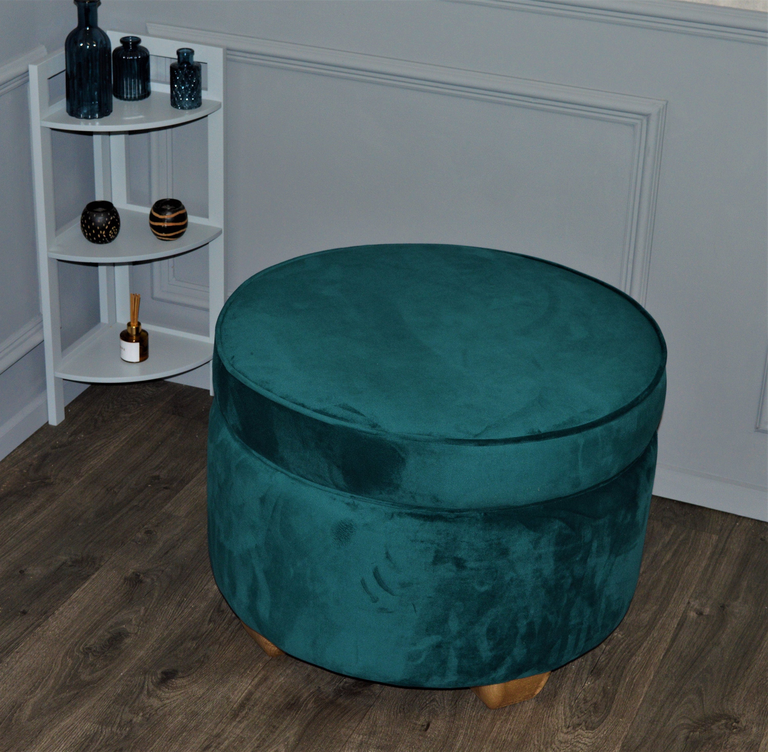 A Large Circular Storage Ottoman Footstool in Teal Velvet With Mahogany  Hard Wood Legs