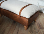 Mayfair Footstool  in Ivory Boucle Fabric And Premium Tan Faux Leather With Natural Oak Legs