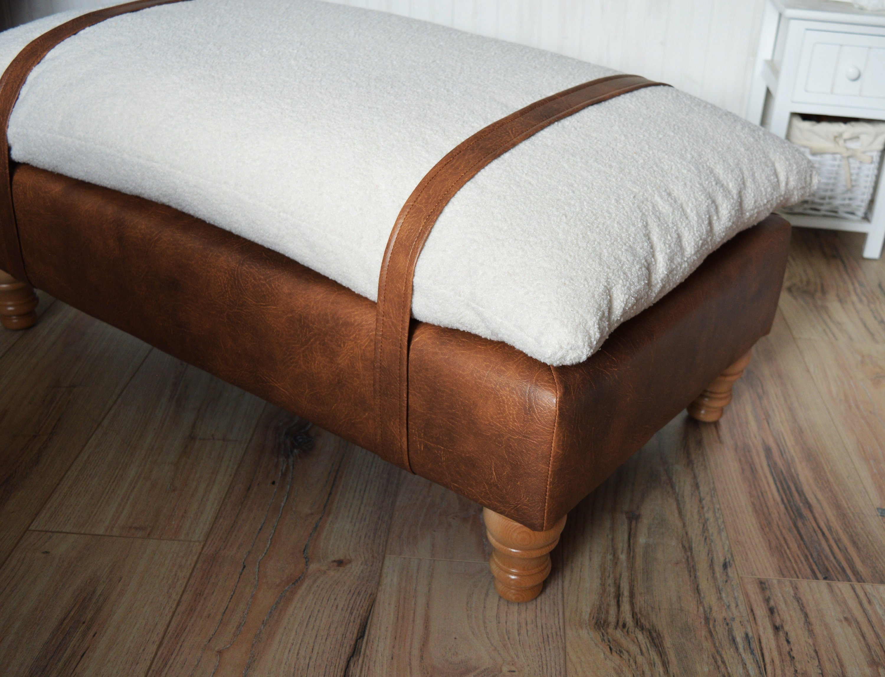 Mayfair Footstool  in Ivory Boucle Fabric And Premium Tan Faux Leather With Natural Oak Legs