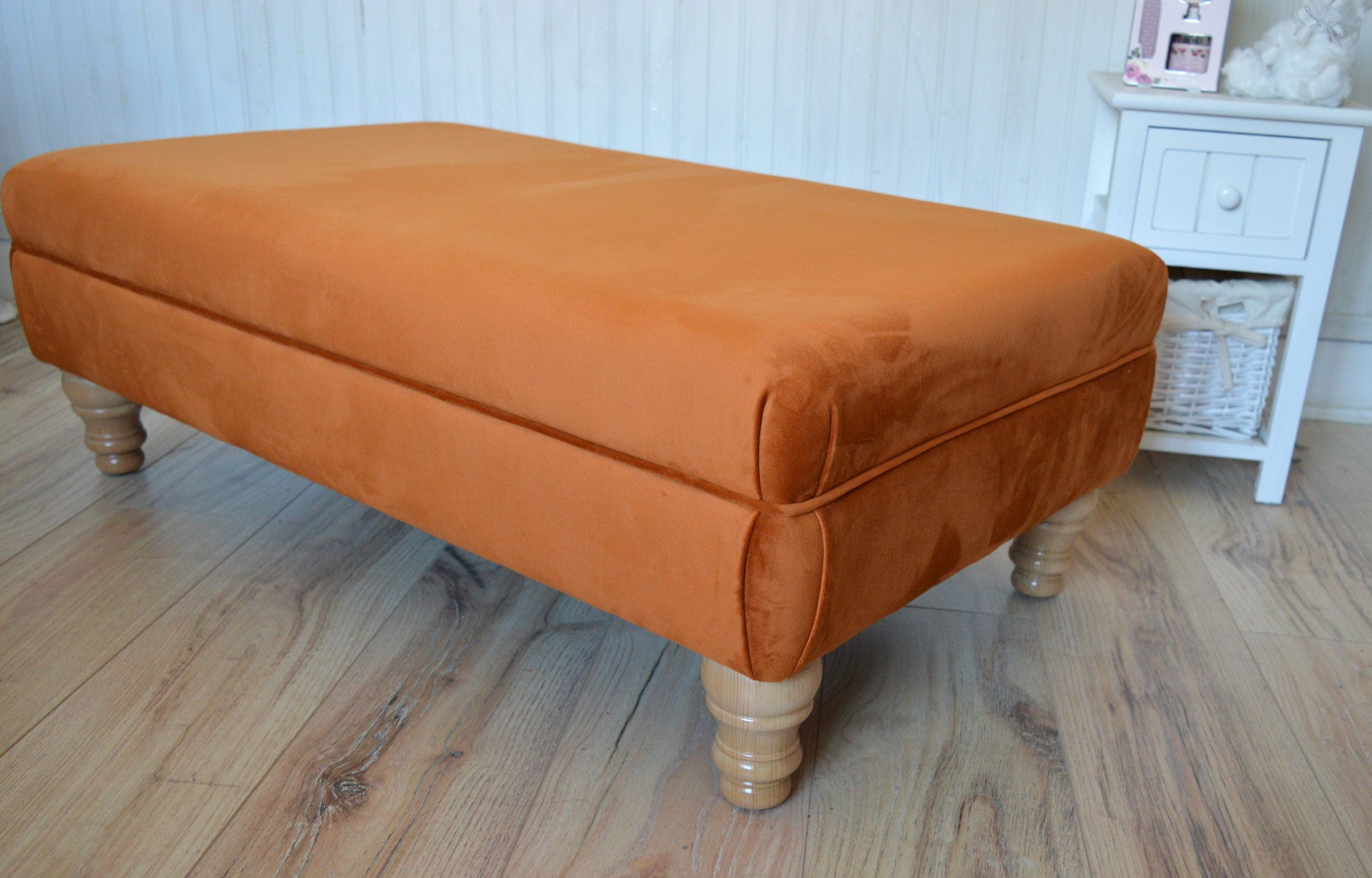 Flat Top Footstool With Piping Detail  in Burnt Orange Velvet With Oak Turned Hard Wood Legs