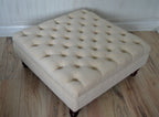 Square Chesterfield Style Deep Buttoned Footstool in Casino Beige  Fabric With Turned Hard Wood Legs