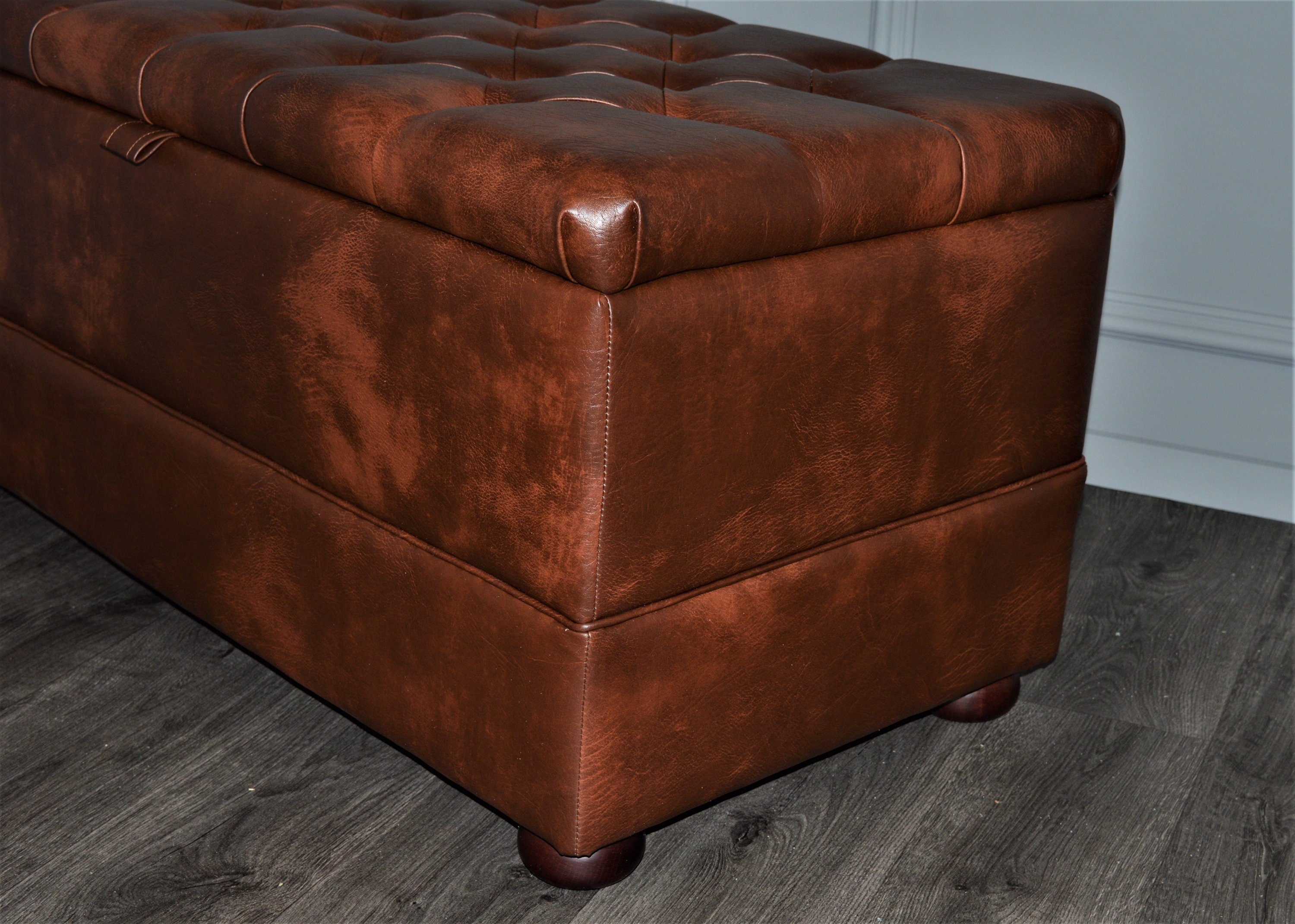 Chesterfield Style End of Bed Storage Bedding Box  in Premium Chestnut Faux Leather