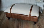 Mayfair Footstool  Seating Bench in Ivory Boucle Fabric And Premium Tan Faux Leather With Turned Mahogany Hardwood Legs.