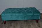 Chesterfield Deep Buttoned Footstool in Teal Velvet With Mahogany Turned Hard Wood Legs