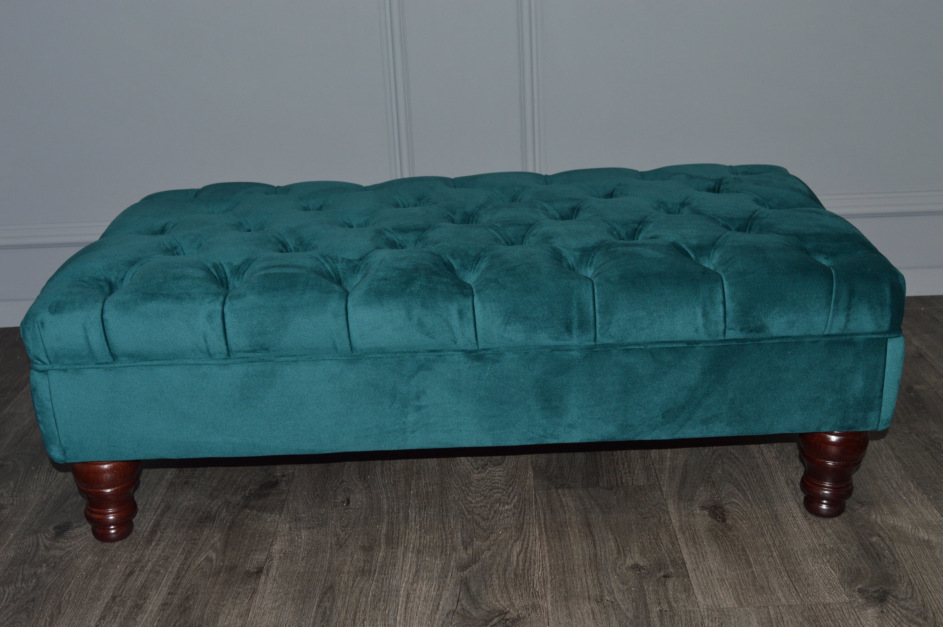 Chesterfield Deep Buttoned Footstool in Teal Velvet With Mahogany Turned Hard Wood Legs
