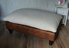 Mayfair Footstool  Seating Bench in Ivory Boucle Fabric And Premium Tan Faux Leather With Turned Mahogany Hardwood Legs.