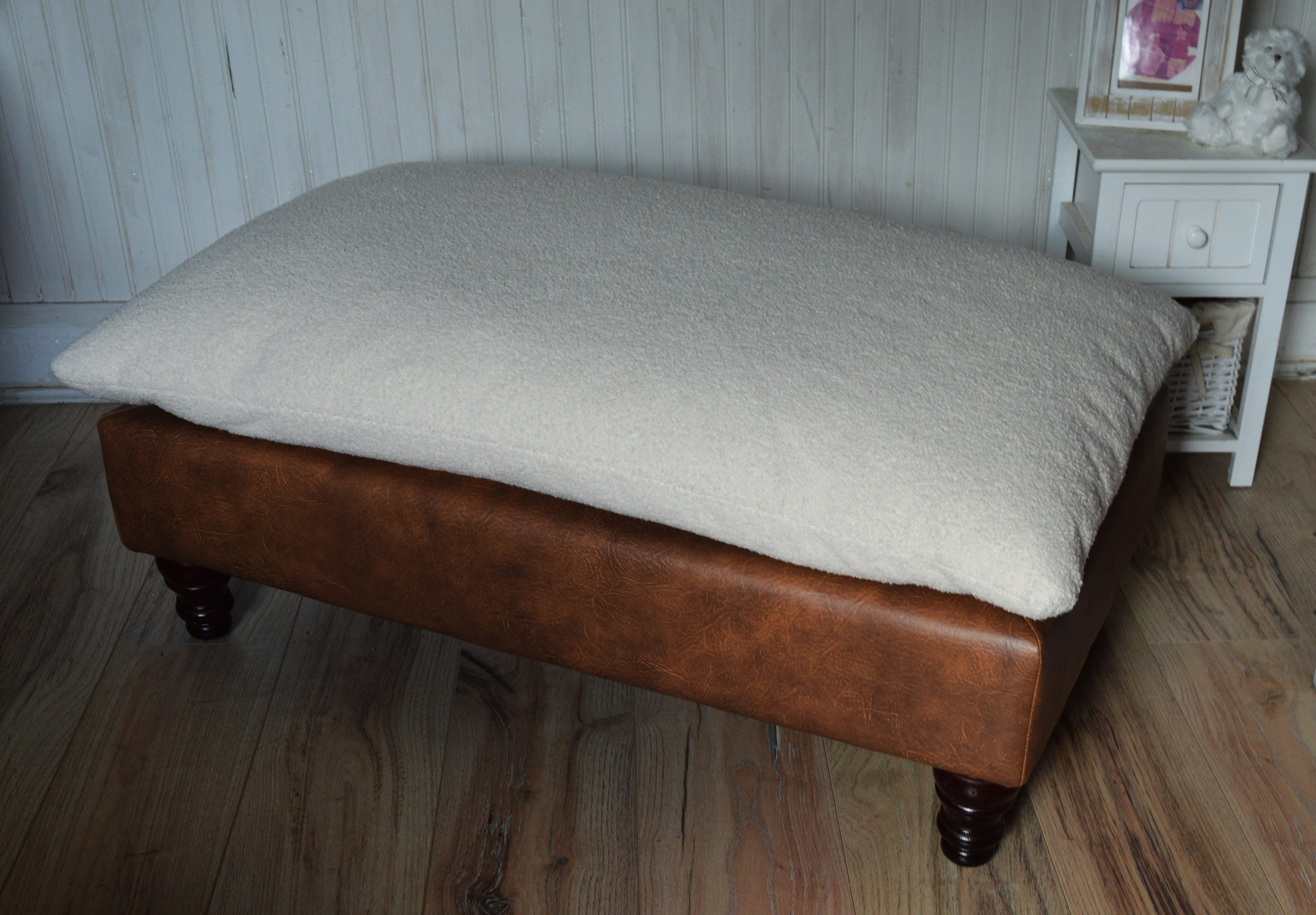 Mayfair Footstool  Seating Bench in Ivory Boucle Fabric And Premium Tan Faux Leather With Turned Mahogany Hardwood Legs.