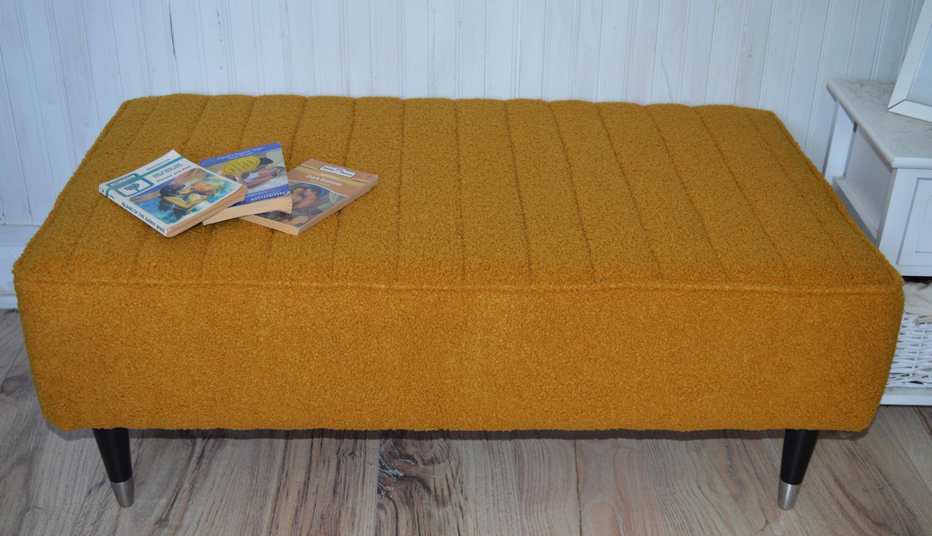 Fullted Top Footstool With Piping Trim in Turmeric Boucle Fabric With Black And Chrome HardWood Legs