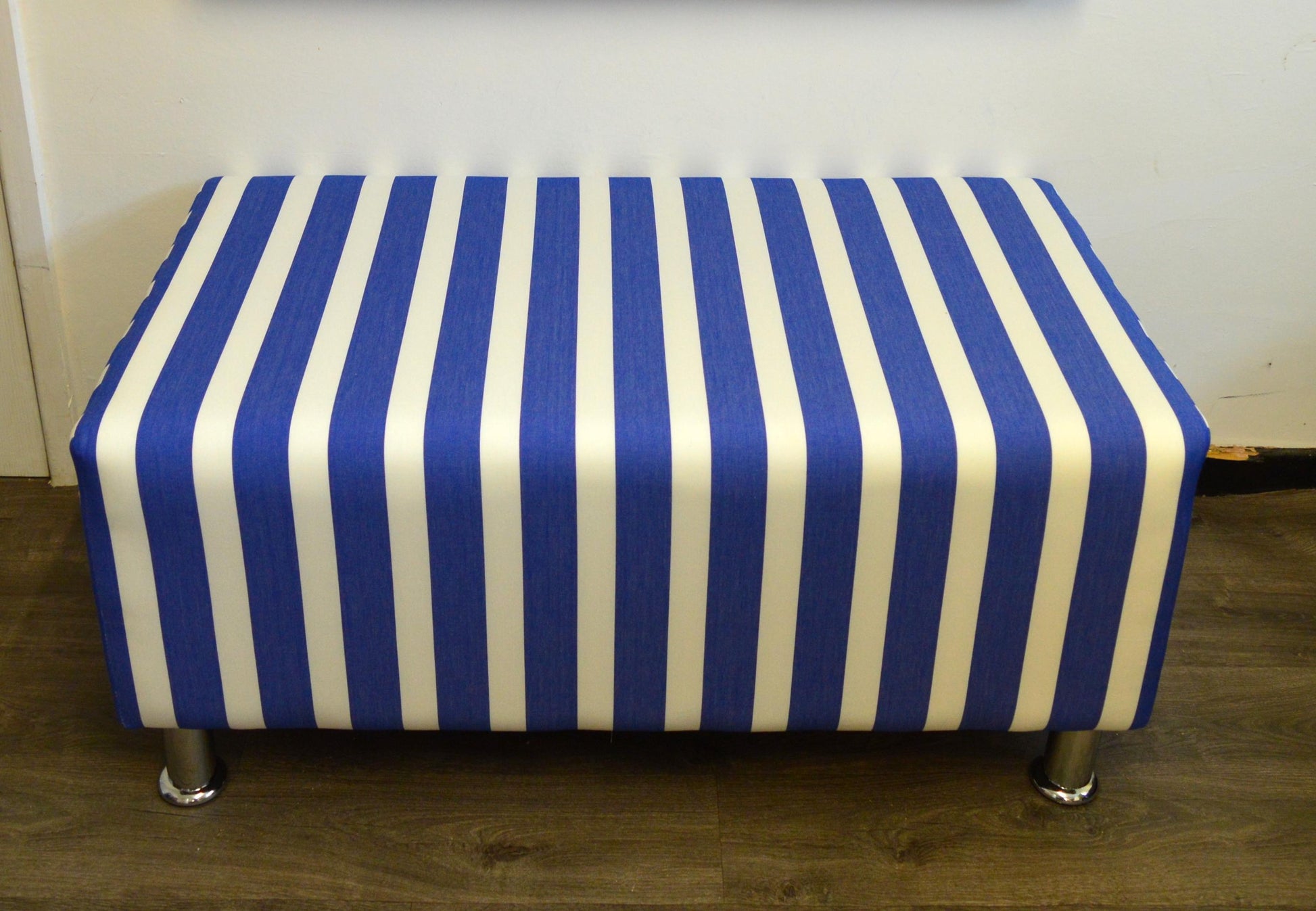 2 Str Size High Seating Bench Footstool With Fix To Wall Back Cushion in Water Resistent Coastal Blue Stripe Fabric