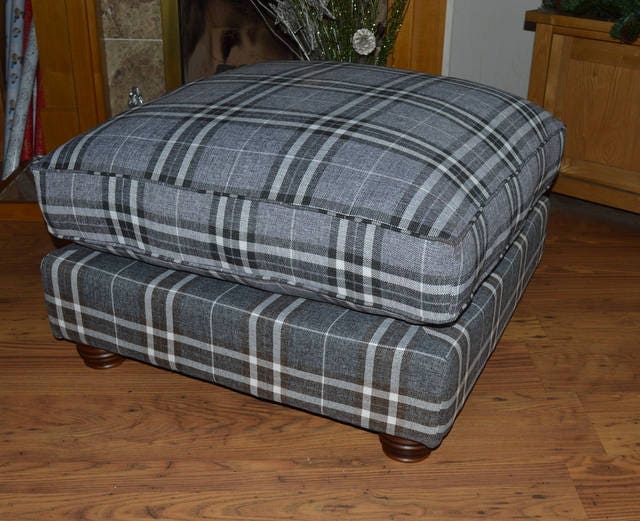 Fixed Soft Cushion Top Square Design Footstool in Gey Tarton Check  With Turned Hard Wood Feet