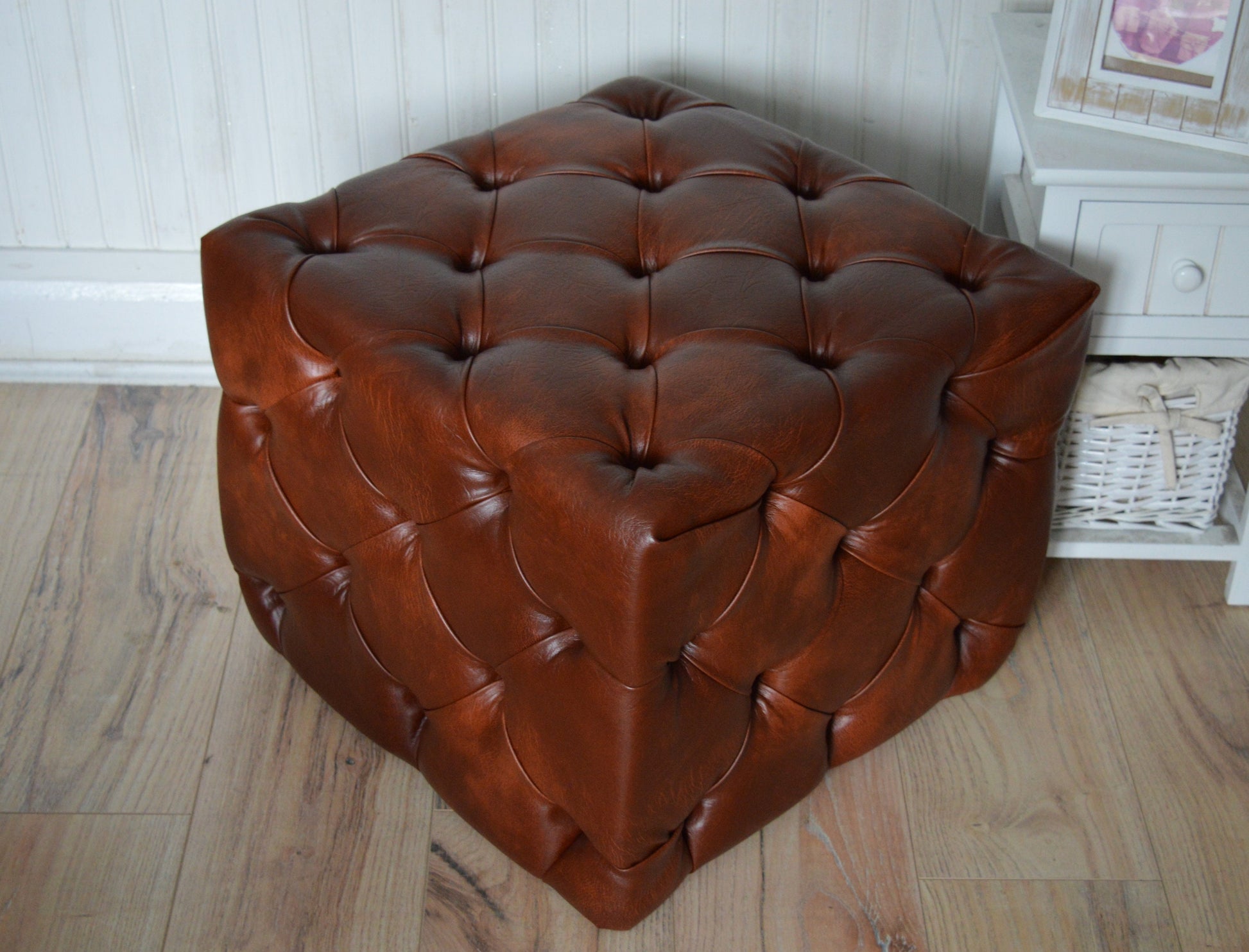 Deep Buttoned All Over Cube Footstool Upholstered In a Premium Chestnut Faux Leather