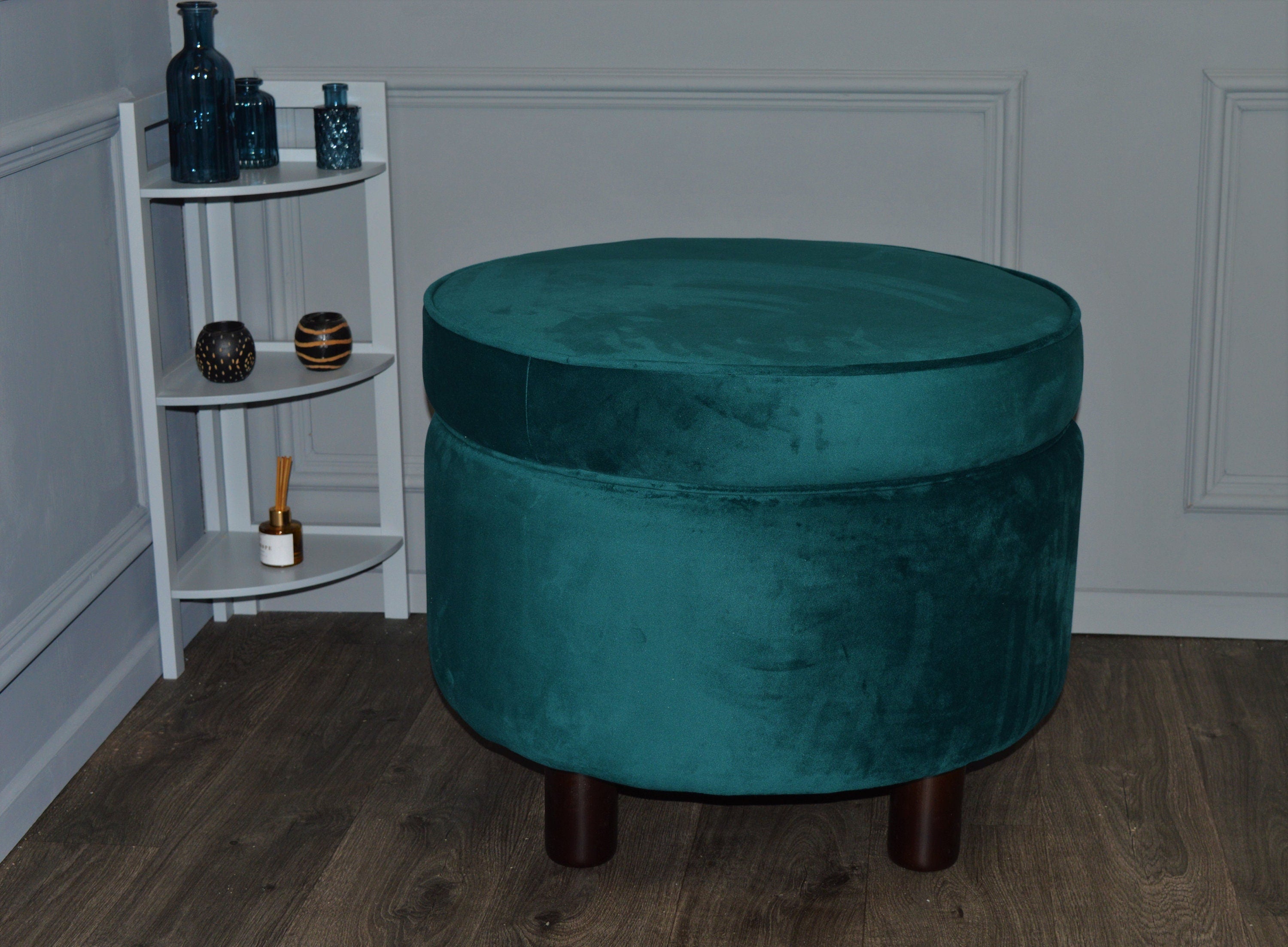 A Large Circular Storage Ottoman Footstool in Teal Velvet With Mahogany  Hard Wood Legs