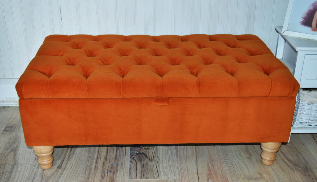 Chesterfield Deep Buttoned Footstool With Storage in Premium Eco Burnt Velvet Fabric With Oak Legs.