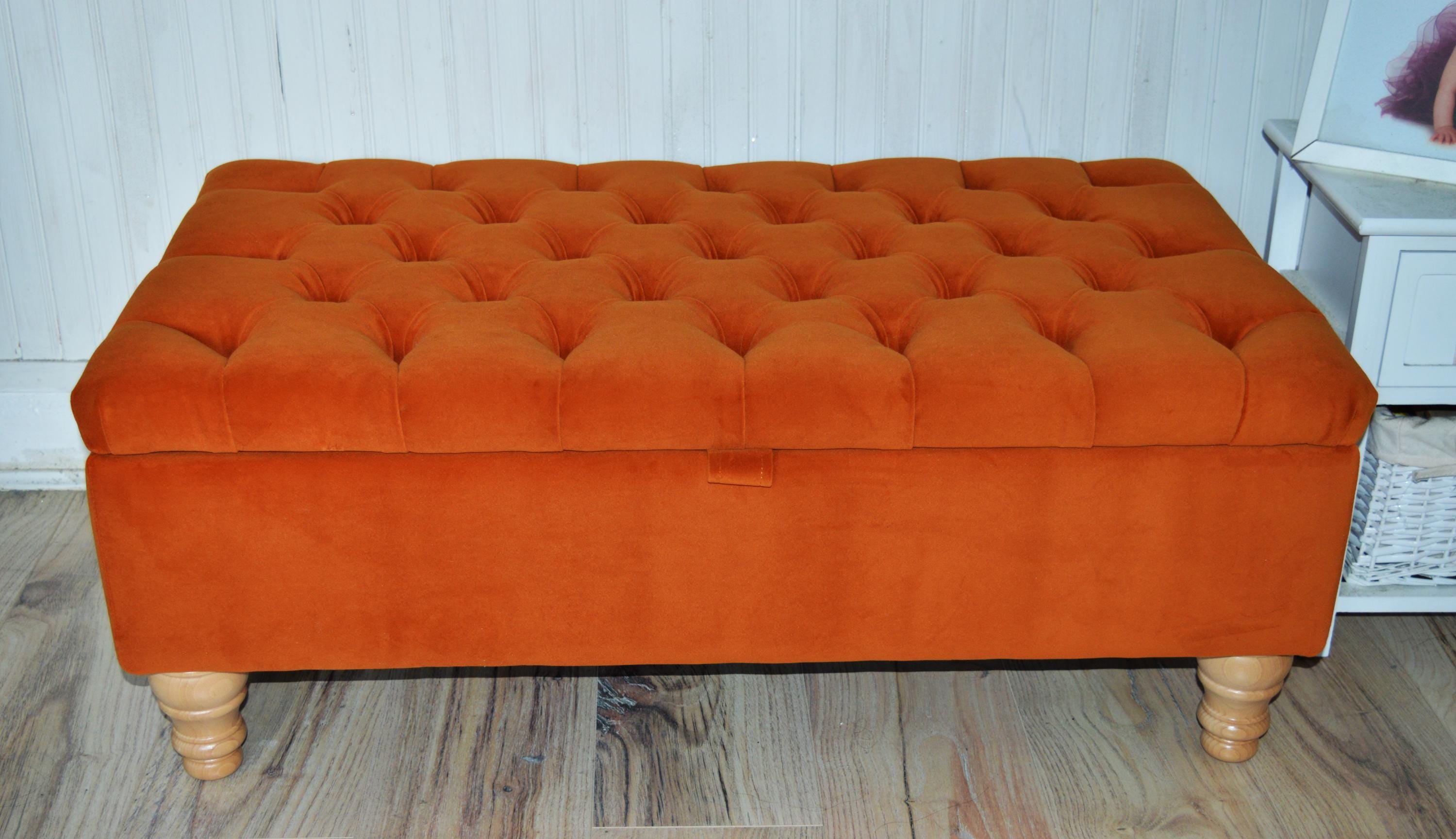 Chesterfield Deep Buttoned Footstool With Storage in Premium Eco Burnt Velvet Fabric With Oak Legs.