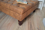 Chesterfield Extra Large Deep Buttoned Footstool in Premium Tan Faux Leather With Mahogany Turned Hardwood Legs