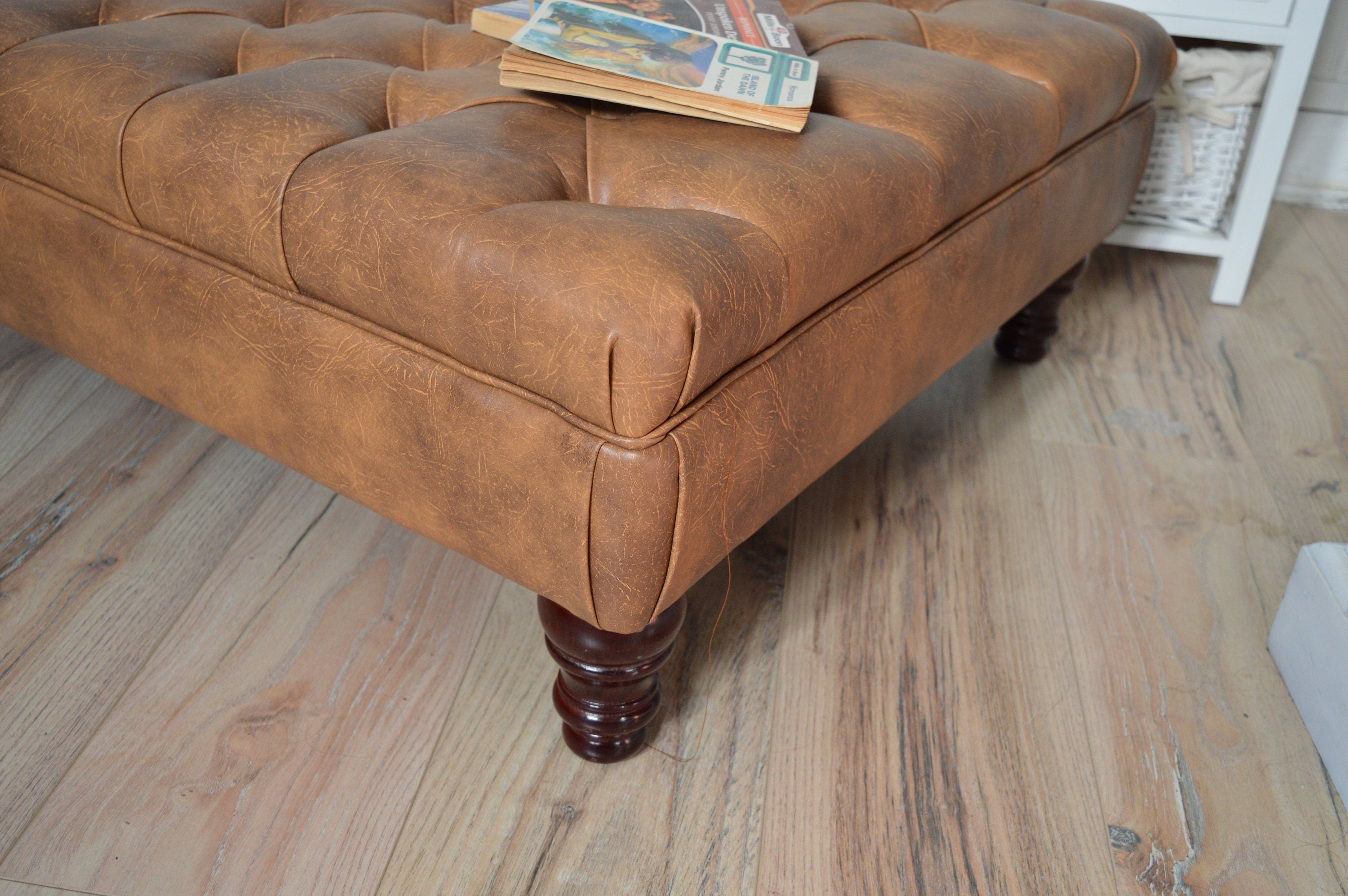 Chesterfield Extra Large Deep Buttoned Footstool in Premium Tan Faux Leather With Mahogany Turned Hardwood Legs