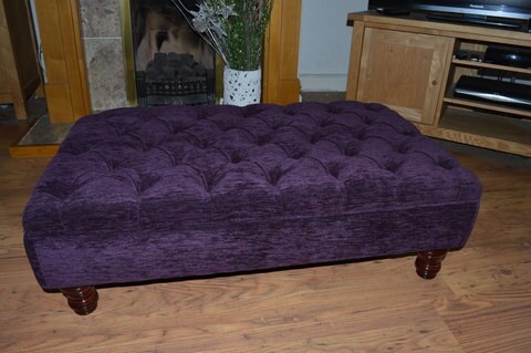 Chesterfield Style Deep Buttoned Footstool in Purple chenille Fabric With Mahogany Legs