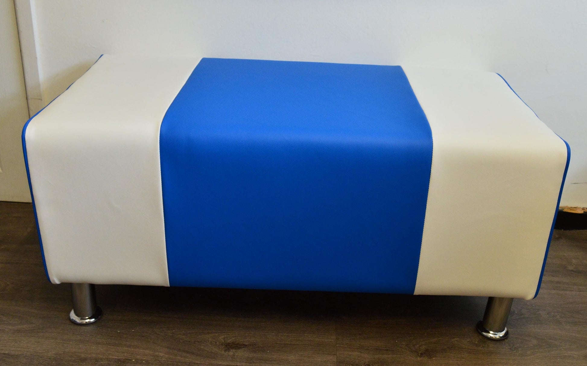 2 Str Size High Seating Bench Footstool American Diner Design With Fix To Wall Back Cushion in Blue and White Faux Leather With Chrome Legs.