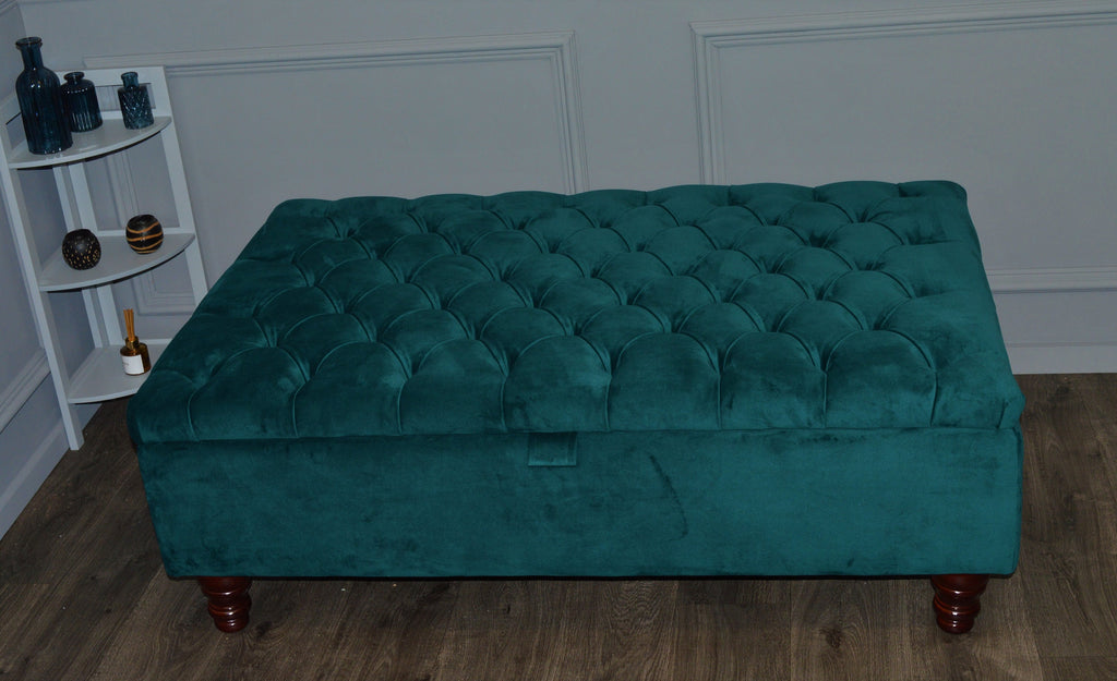 Chesterfield Deep Buttoned Storage Ottoman Footstool in Teal Velvet With Mahogany Turned Hard Wood Legs