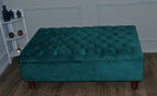 Chesterfield Deep Buttoned Storage Ottoman Footstool in Teal Velvet With Mahogany Turned Hard Wood Legs