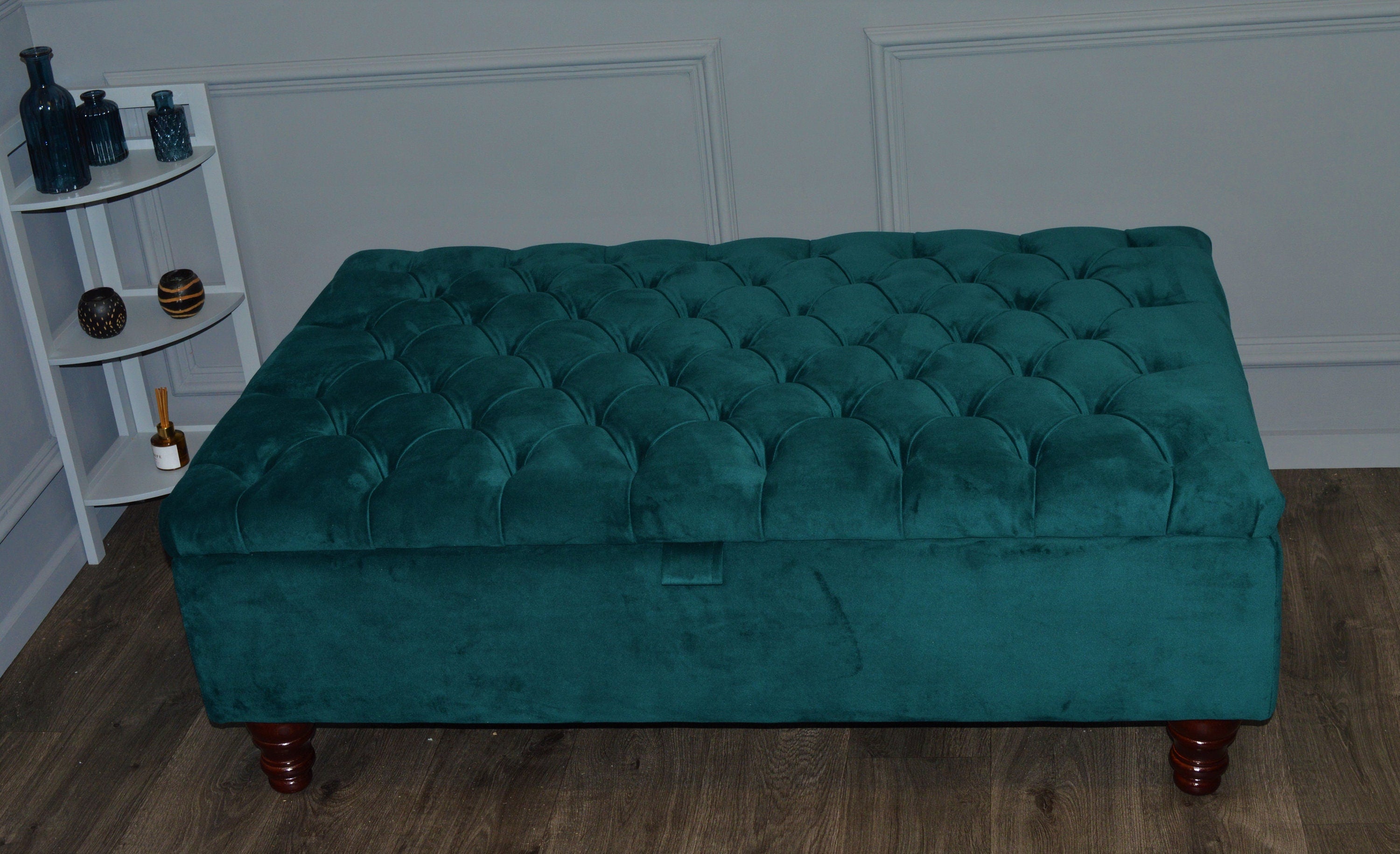 Chesterfield Deep Buttoned Storage Ottoman Footstool in Teal Velvet With Mahogany Turned Hard Wood Legs